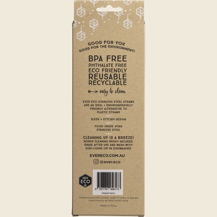 Straws STAINLESS STEEL STRAIGHT (4 Pack) by Ever Eco